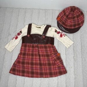 Guess Plaid Y2K Jumper Dress Long Sleeve Shirt And Hat Baby Girls 6/9 Months